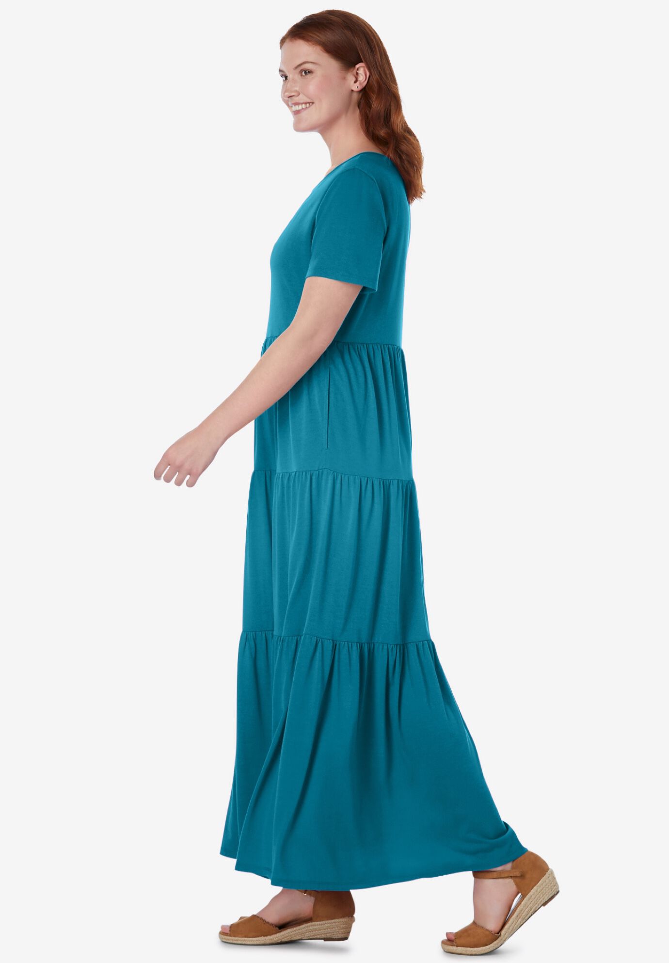 Short-Sleeve Tiered Dress, DEEP TEAL, alternate image number 2