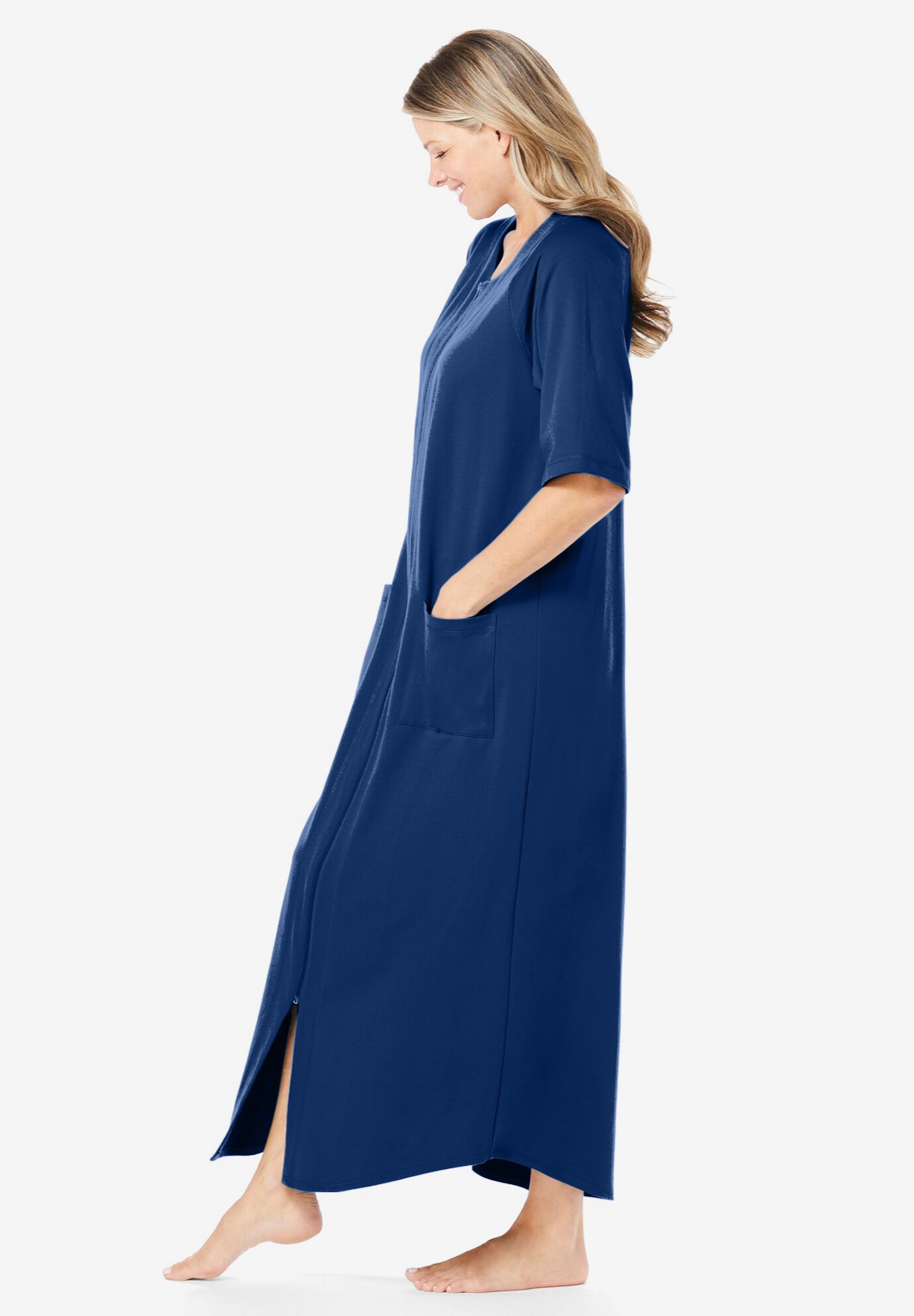 Long French Terry Zip-Front Robe, EVENING BLUE, alternate image number 2
