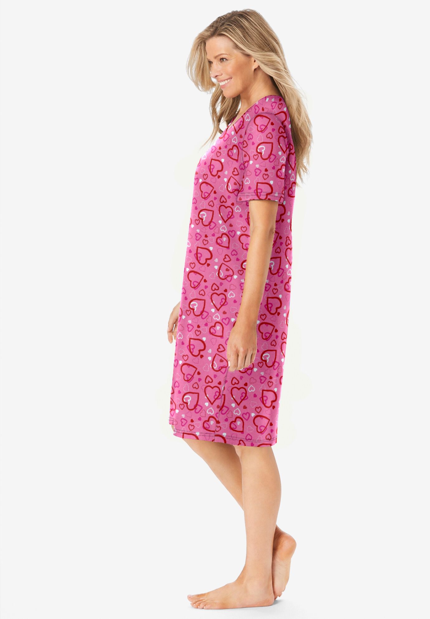 V-Neck Short Sleeve Knee-Length Cotton Sleepshirt, PINK HEARTS, alternate image number 2