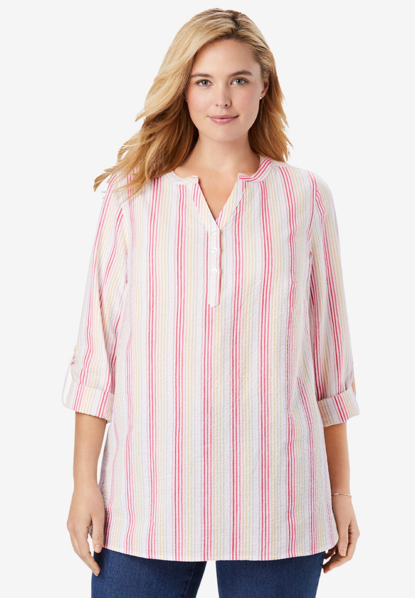 Seersucker Notch Henley Tunic, ROSE PINK RAINBOW STRIPE, hi-res image number 0