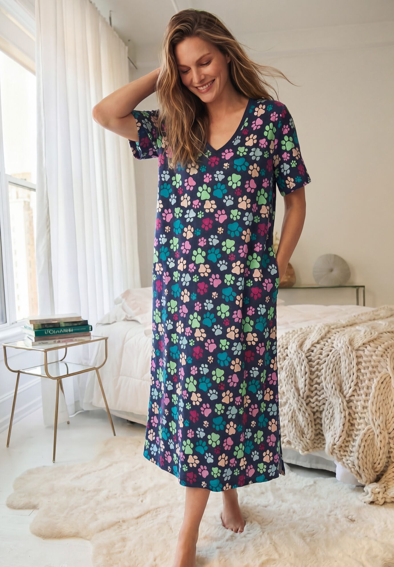 V-Neck Short Sleeve Midi Cotton Sleep Shirt, , alternate image number 7