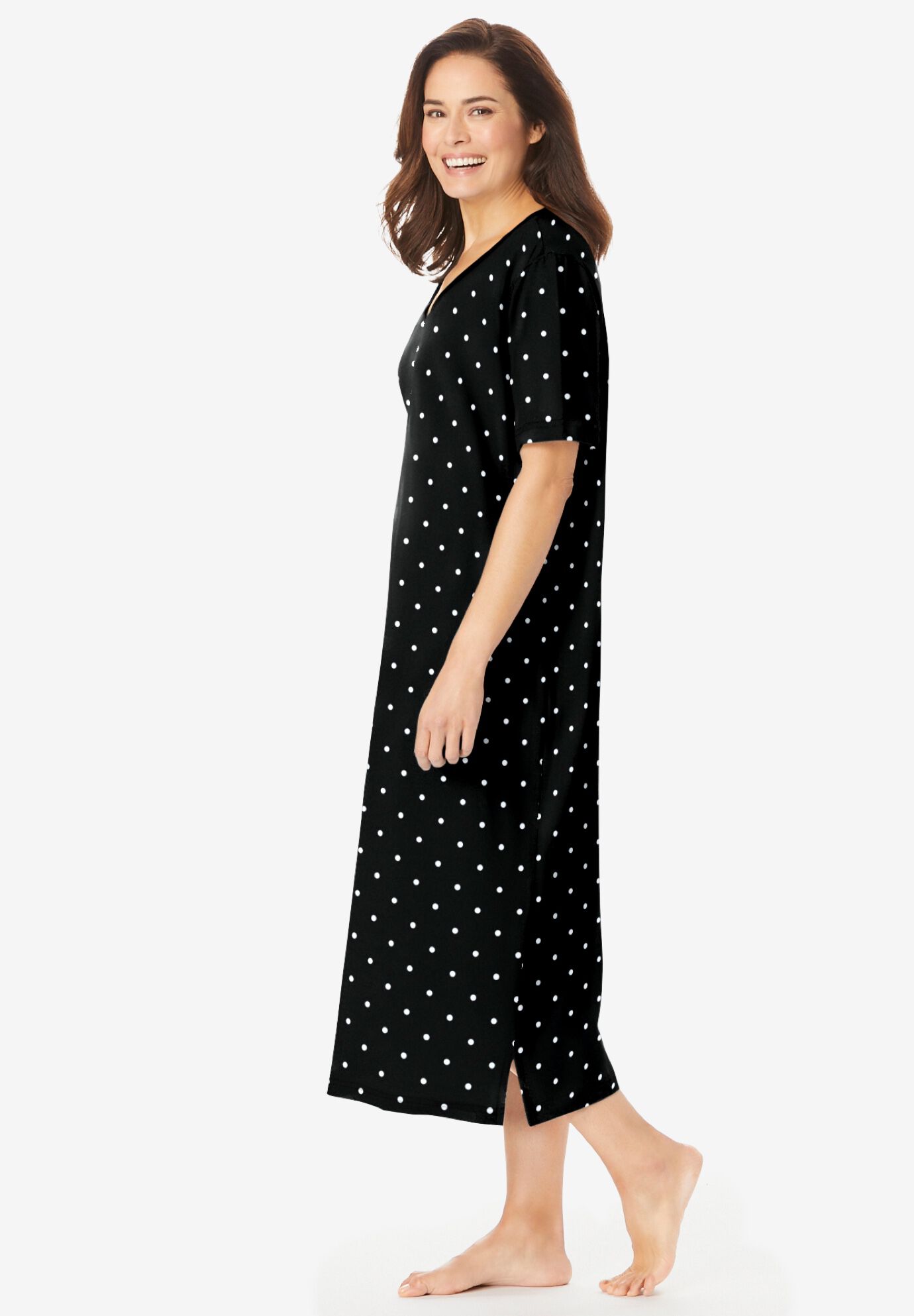 V-Neck Short Sleeve Midi Cotton Sleep Shirt, BLACK DOT, alternate image number 2