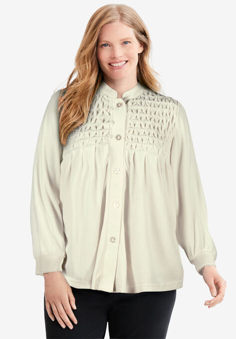 Smocked velour 25&#34; bed jacket by Only Necessities&#174, IVORY, hi-res image number null