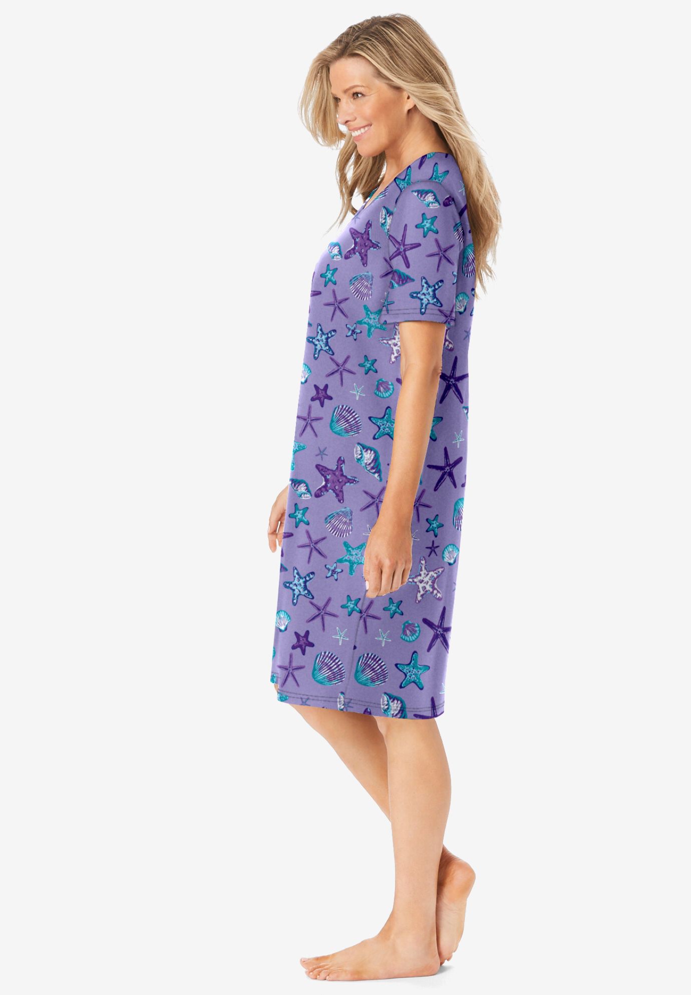 V-Neck Short Sleeve Knee-Length Cotton Sleepshirt, SOFT IRIS STARFISH, alternate image number 2