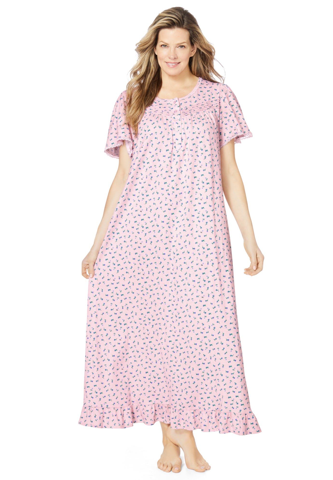 Long Floral Print Cotton Gown, PINK DITSY, hi-res image number 0