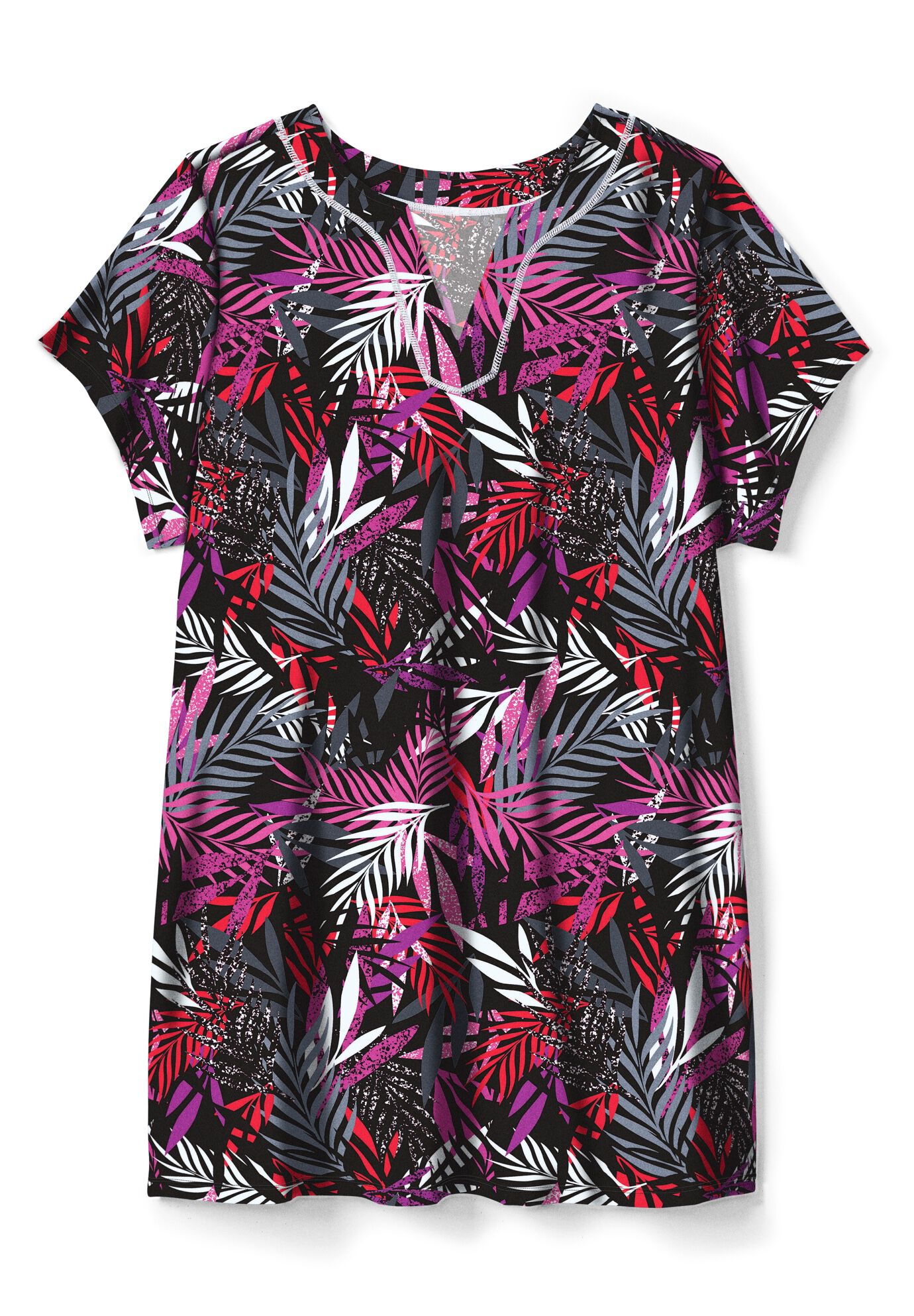 Longer Length Short-Sleeve Swim Tunic, MULTI TEXTURED PALM, alternate image number 2