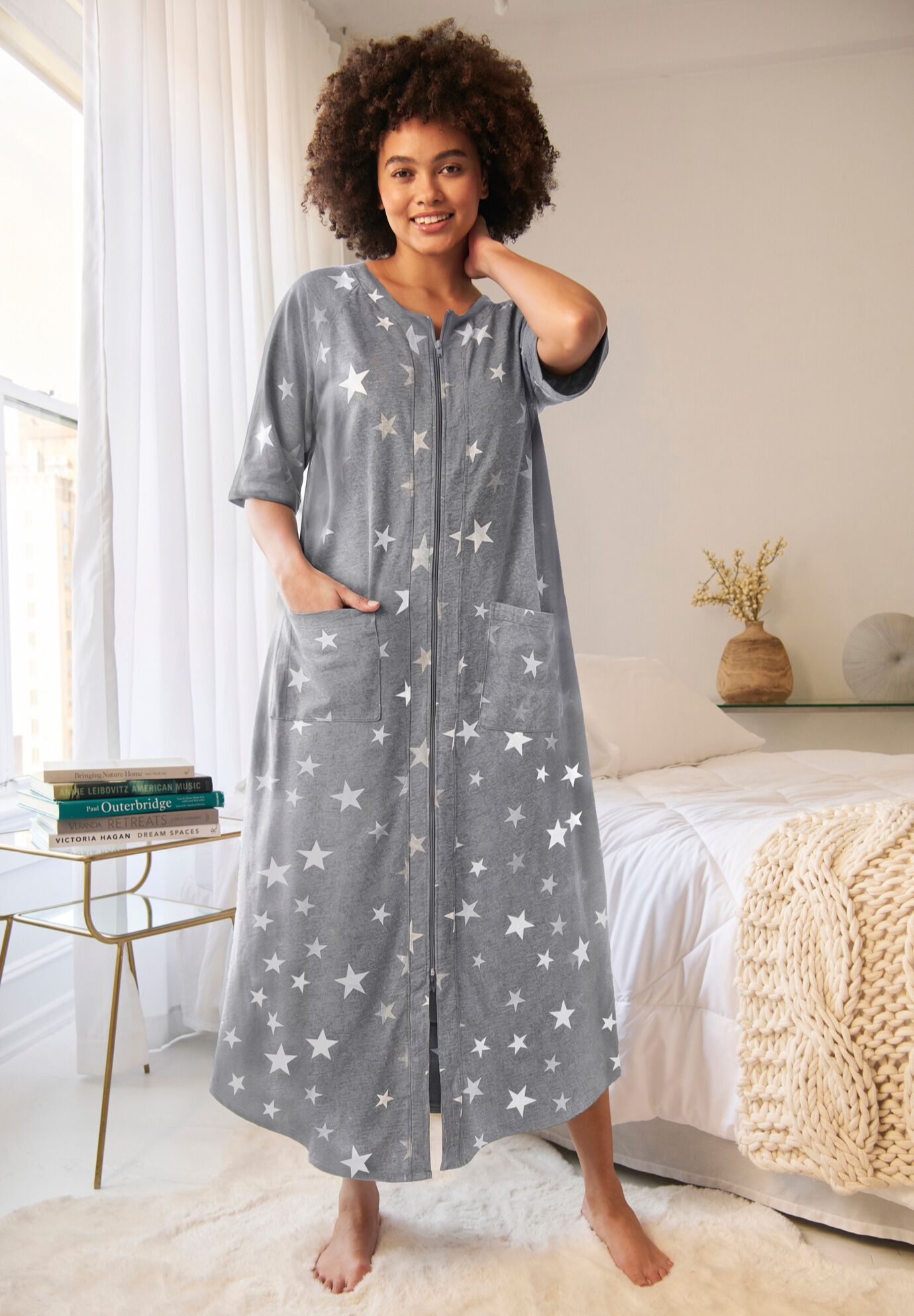 Long French Terry Zip-Front Robe, , alternate image number 3