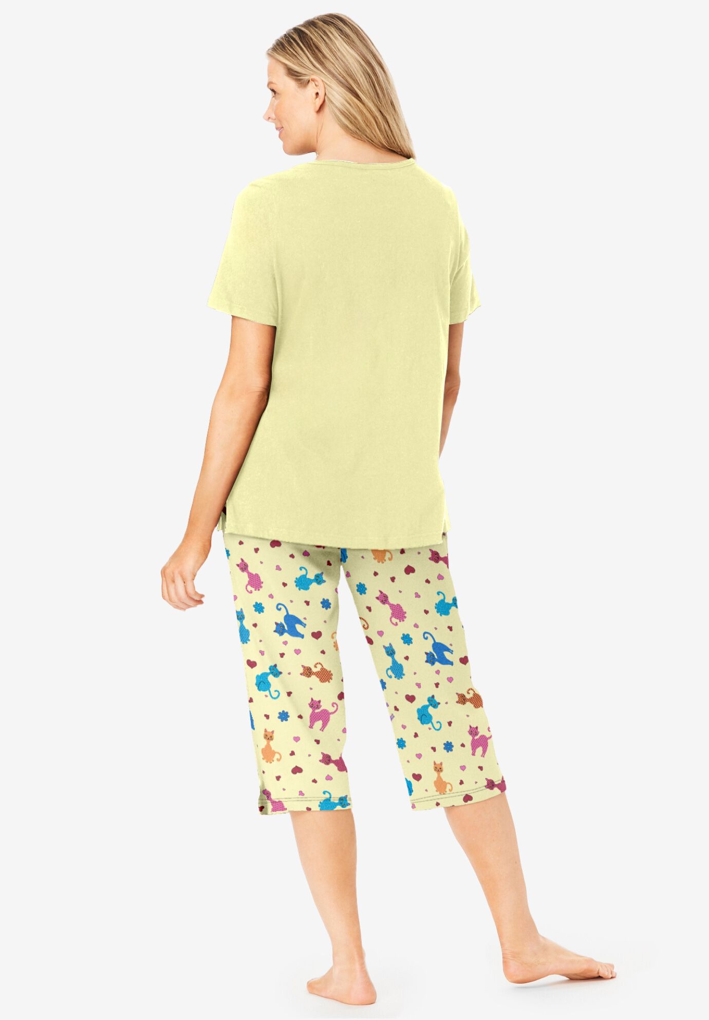 2-Piece Capri Cotton PJ Set, YELLOW CATS, on-hover image number 1