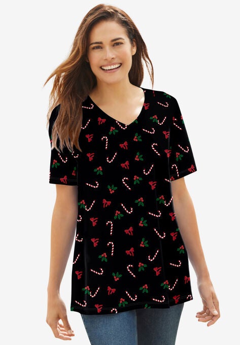Perfect Printed Short-Sleeve V-Neck Tee, BLACK MISTLETOE, hi-res image number null