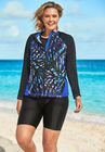 Long-Sleeve Colorblock Swim Tee, BLUE PAINTERLY LEAVES, hi-res image number null
