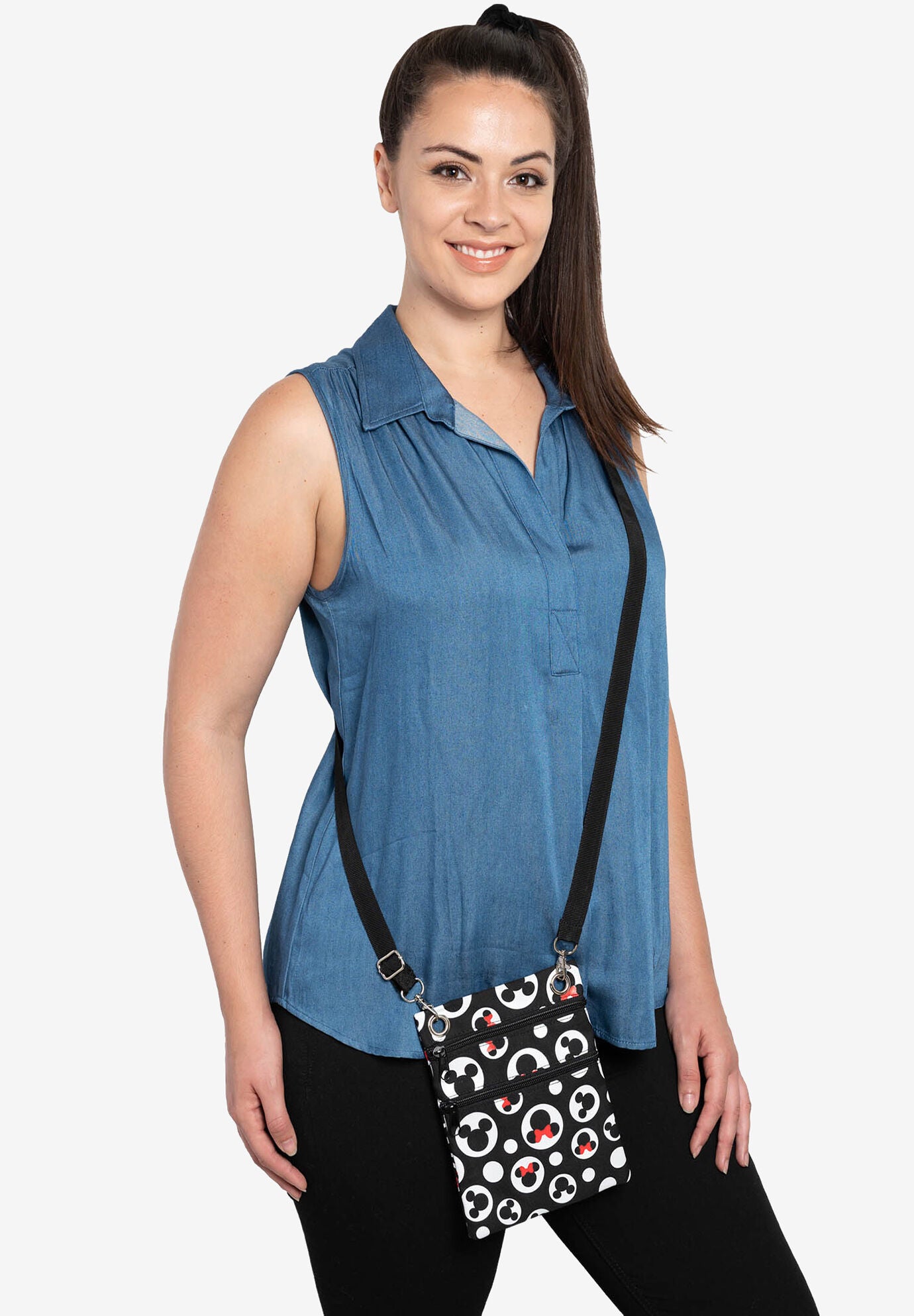 Disney Mickey & Minnie Mouse Passport Bag All-Over Print Travel Crossbody Purse, BLACK, hi-res image number 0