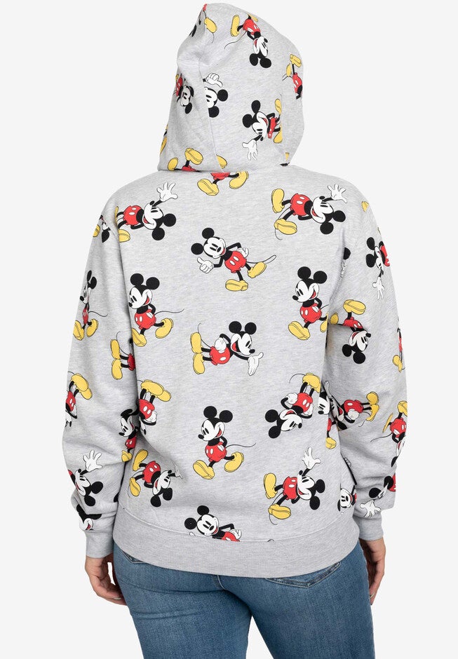 Women's Plus Size Disney Mickey Mouse Zip Hoodie All-Over Print Sweatshirt Gray, , on-hover image number 1