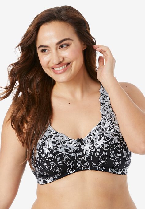 Embroidered Wireless Back-Close Bra , BLACK SILVER, hi-res image number null