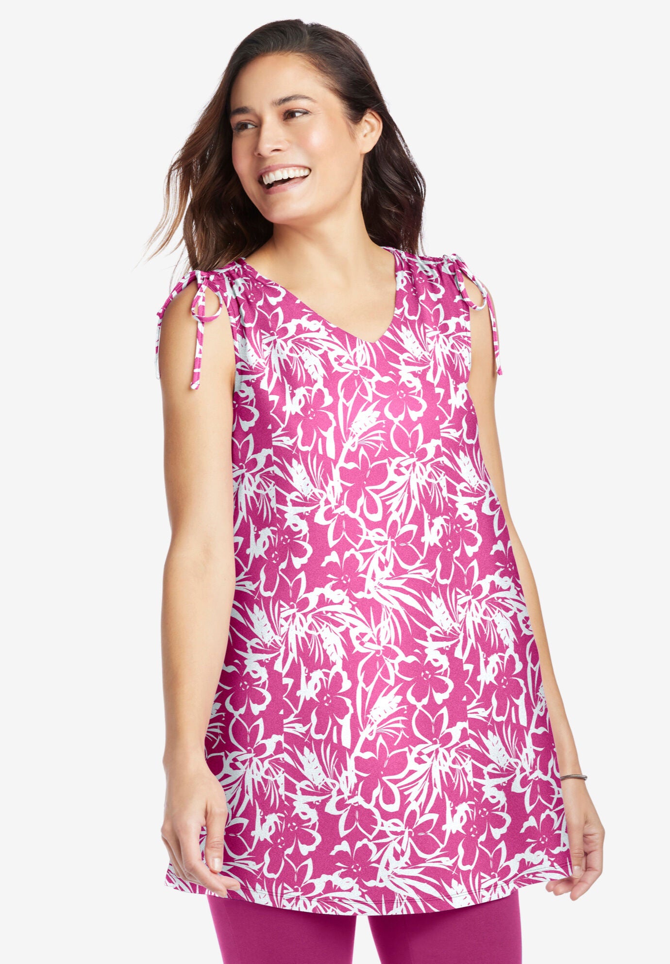 Ruched-Shoulder V-Neck Tunic Tank, , alternate image number 2