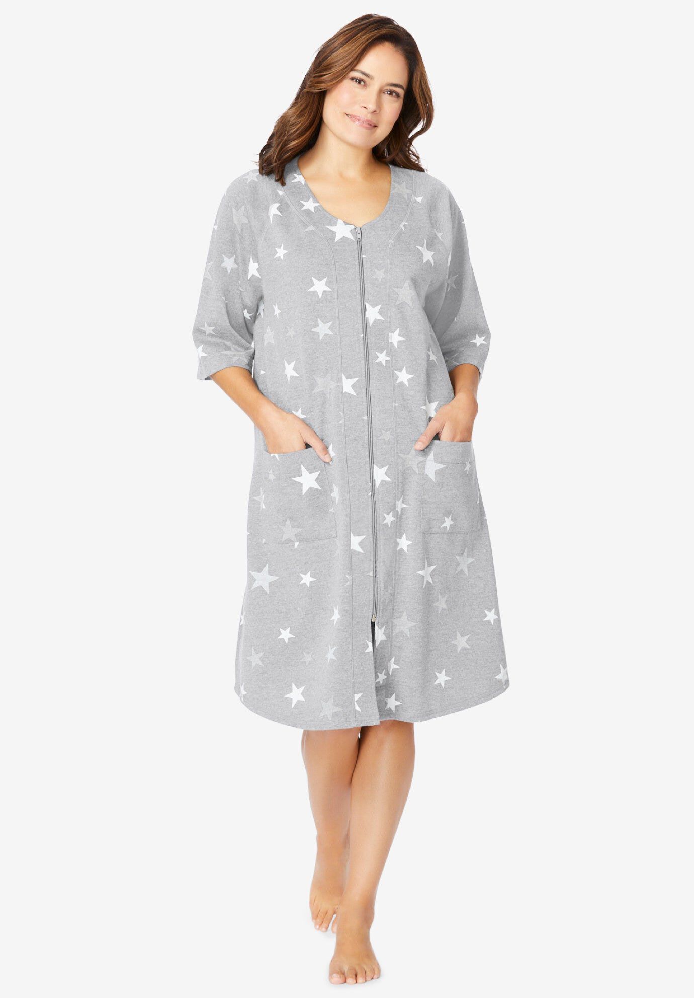 Everyday Short French Terry Zip-Front Robe, Heather Grey