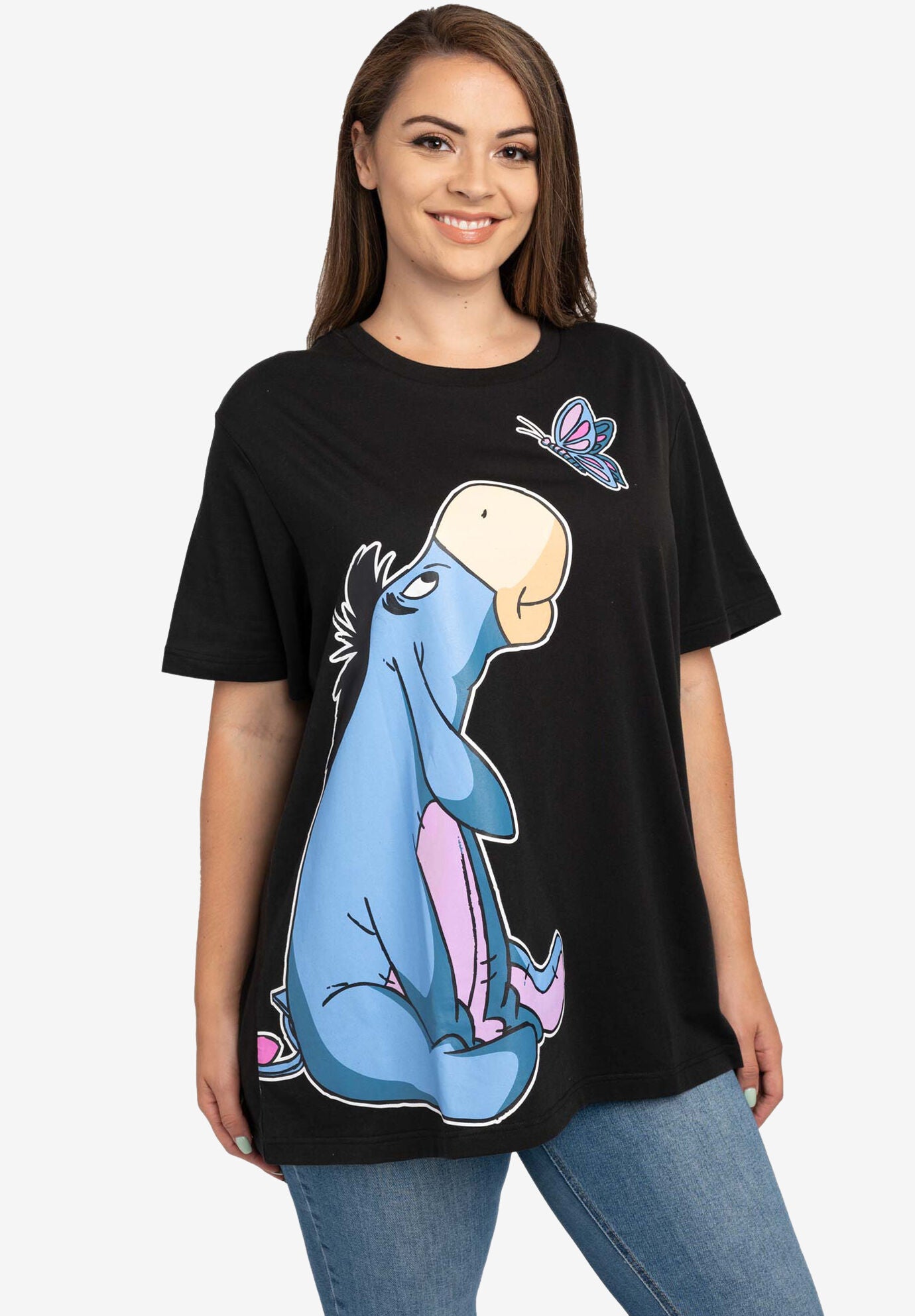Women s Plus Size Disney Eeyore Butterfly Black Short Sleeve T