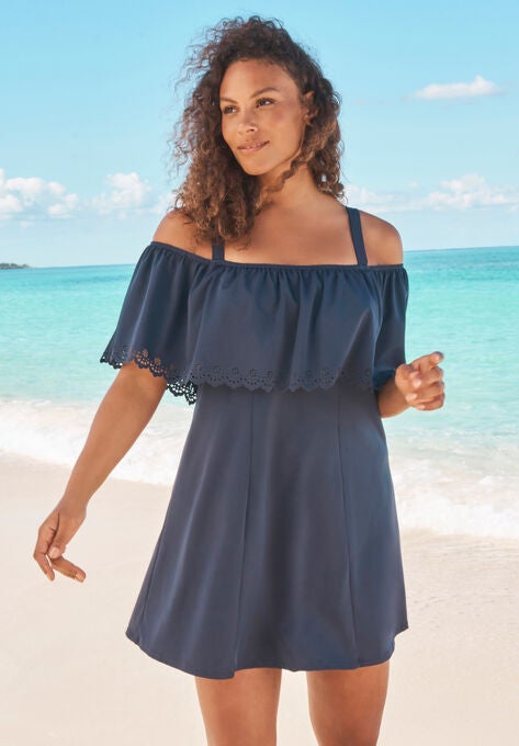Laser-Cut Off-The-Shoulder Swim Dress, NAVY, hi-res image number null