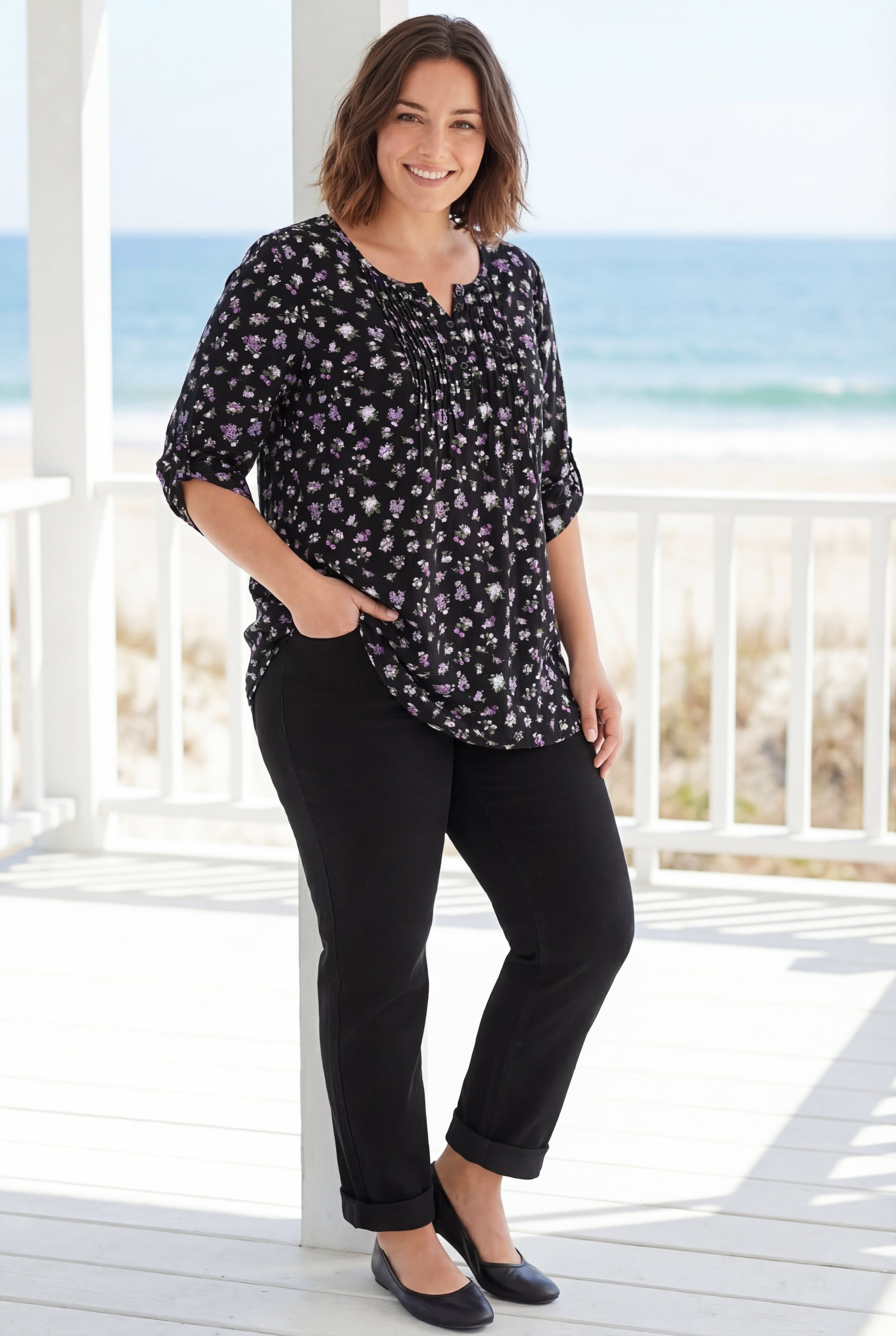 7-Day Three-Quarter Sleeve Pintucked Henley Tunic