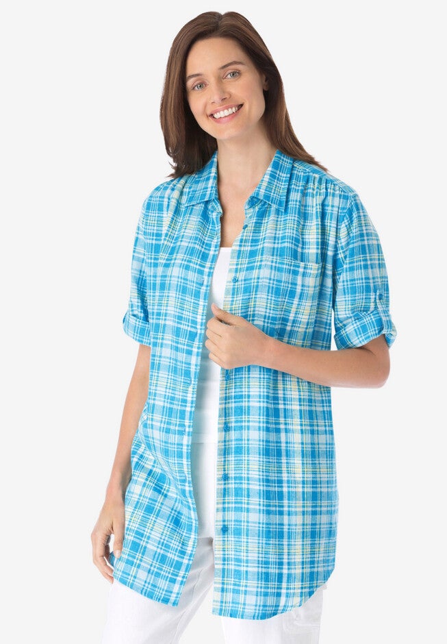 Linen Blend Button-Front Shirt, PARADISE BLUE PLAID, hi-res image number null