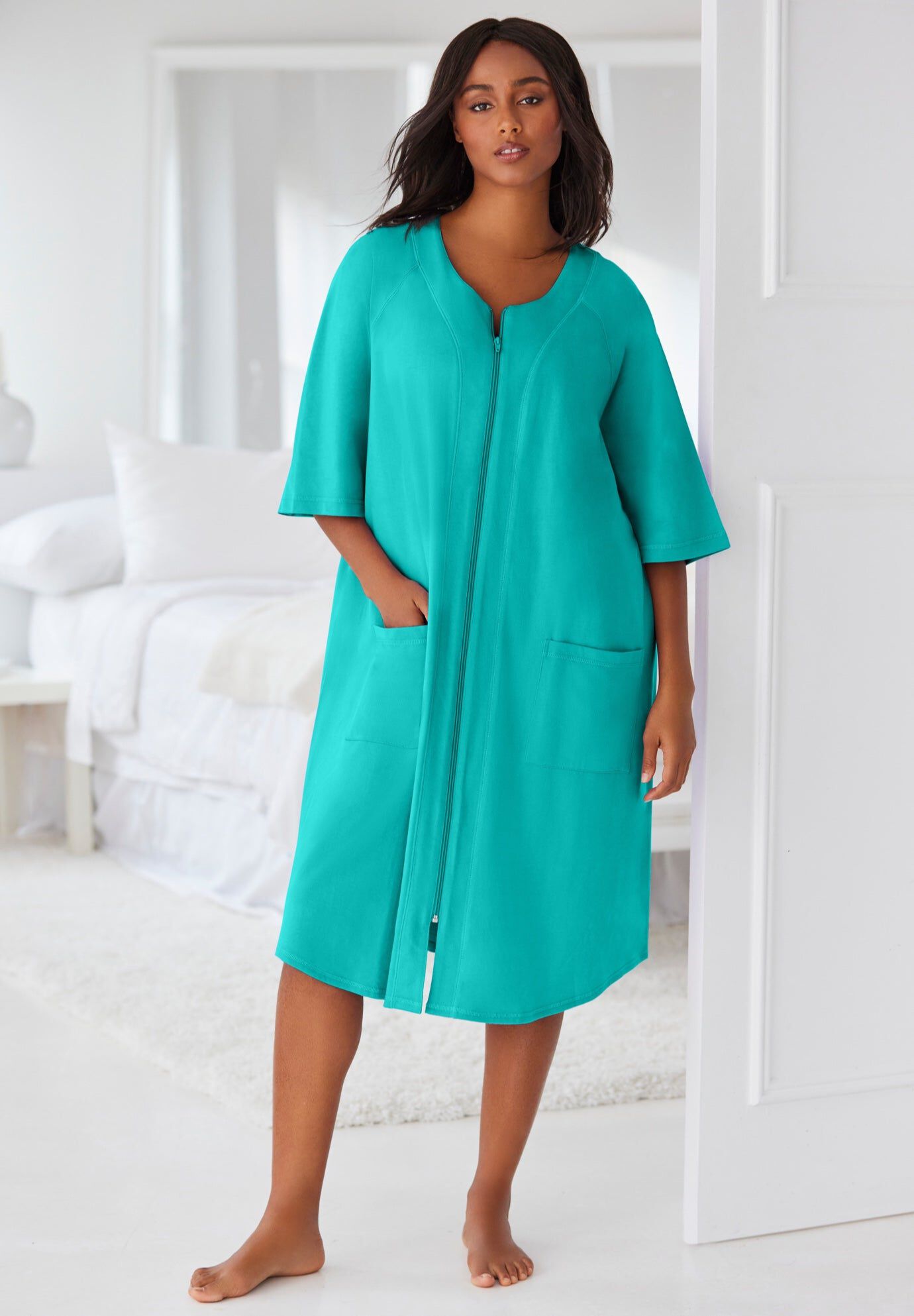 Short French Terry Zip-Front Robe, AQUAMARINE, hi-res image number 0