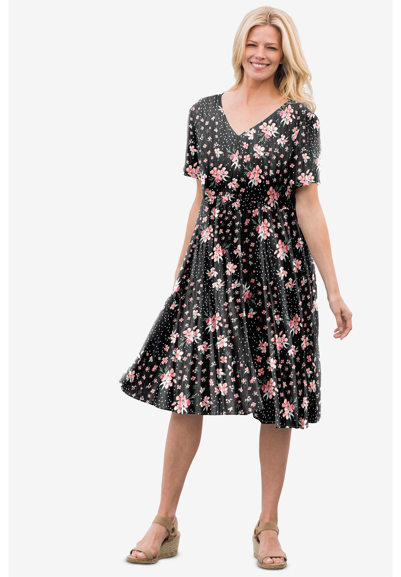 Short Crinkle Button-Front Dress, BLACK PATCH FLORAL, hi-res image number 0