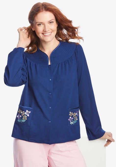 Short Waffle Knit Embroidered Bed Jacket, EVENING BLUE, hi-res image number null