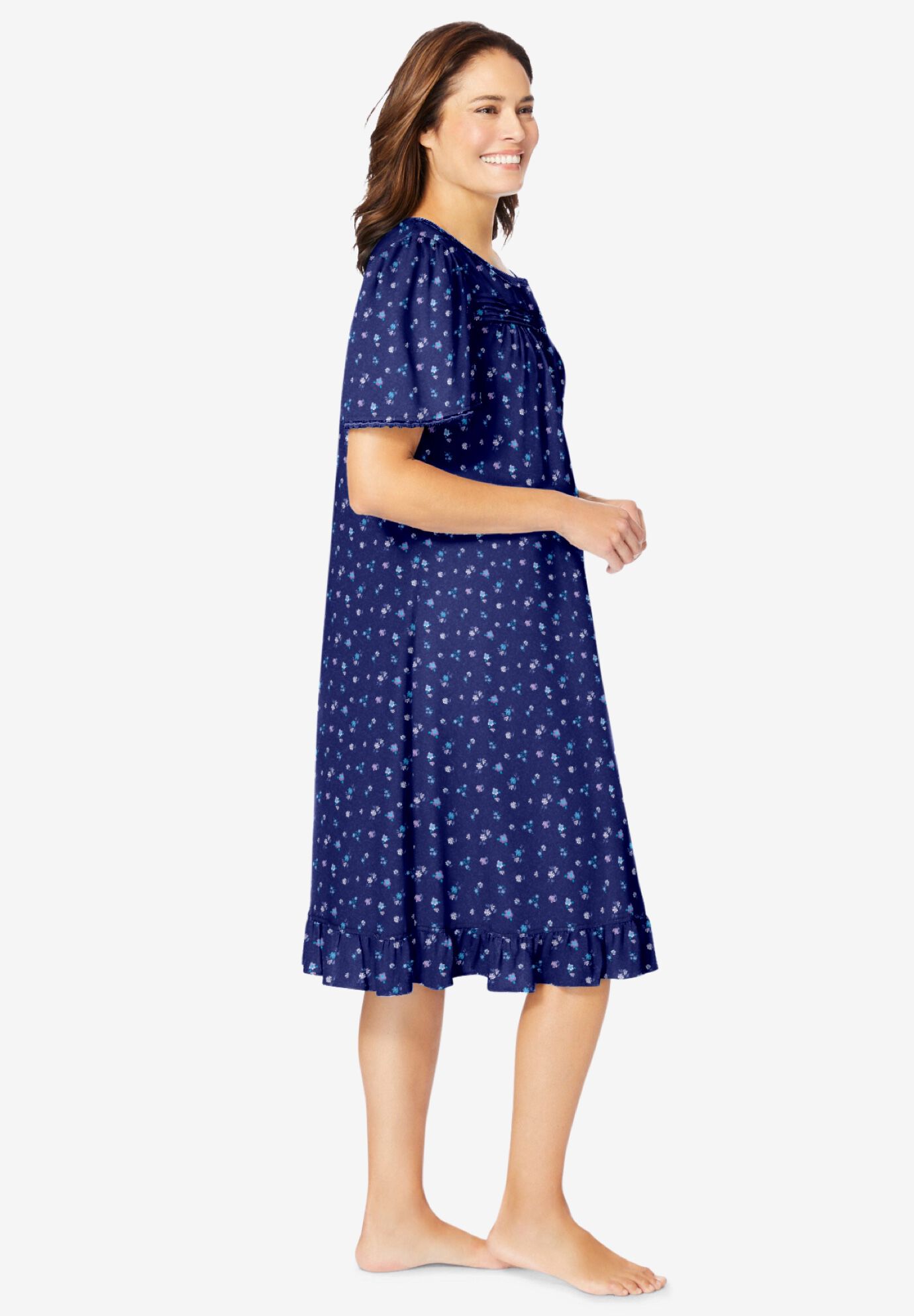 Short Floral Print Cotton Gown, EVENING BLUE FLOWERS, alternate image number 2
