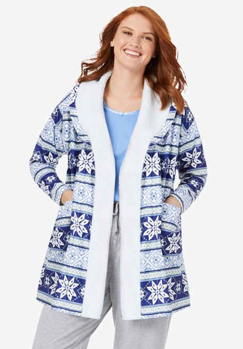 Sherpa Lined Collar Microfleece Bed Jacket , EVENING BLUE FAIR ISLE, hi-res image number null