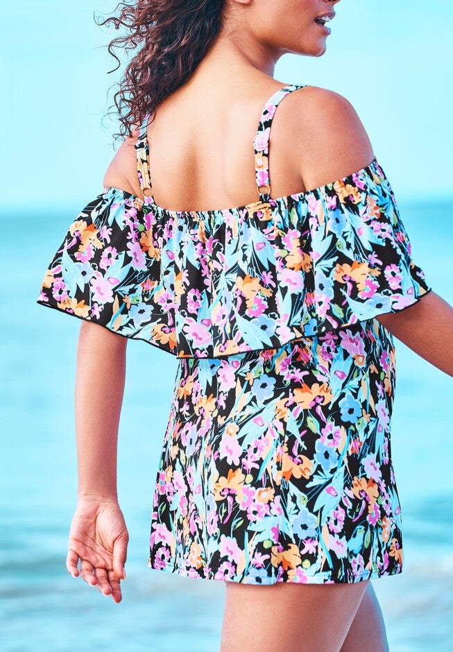 Off-The-Shoulder Flounce Swim Dress , , on-hover image number null
