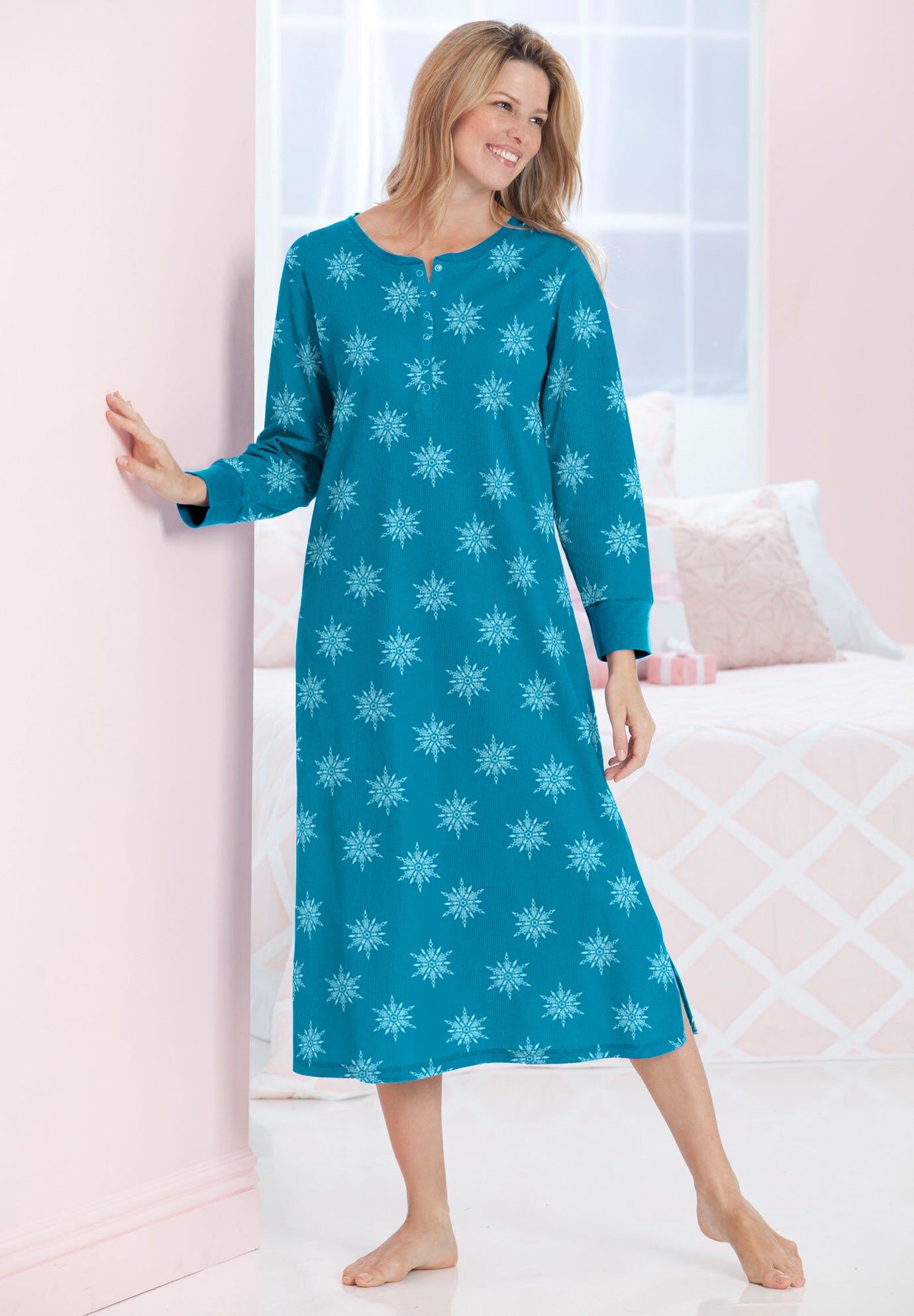 Thermal Henley Nightgown, DARK TURQ SNOWFLAKES, hi-res image number 0