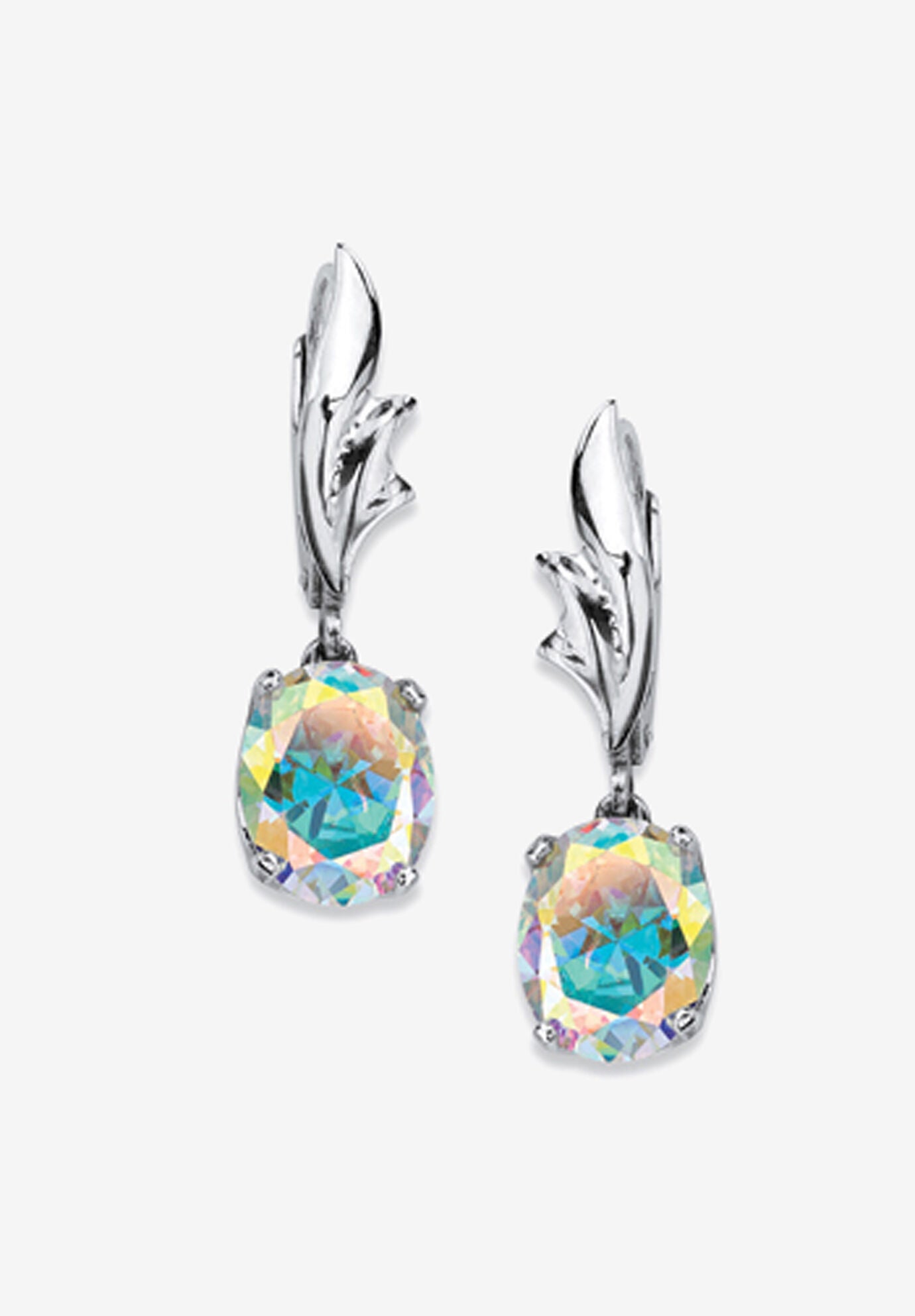 Sterling Silver Drop Earrings, Oval Aurora Borealis Cubic Zirconia, STERLING SILVER, hi-res image number 0