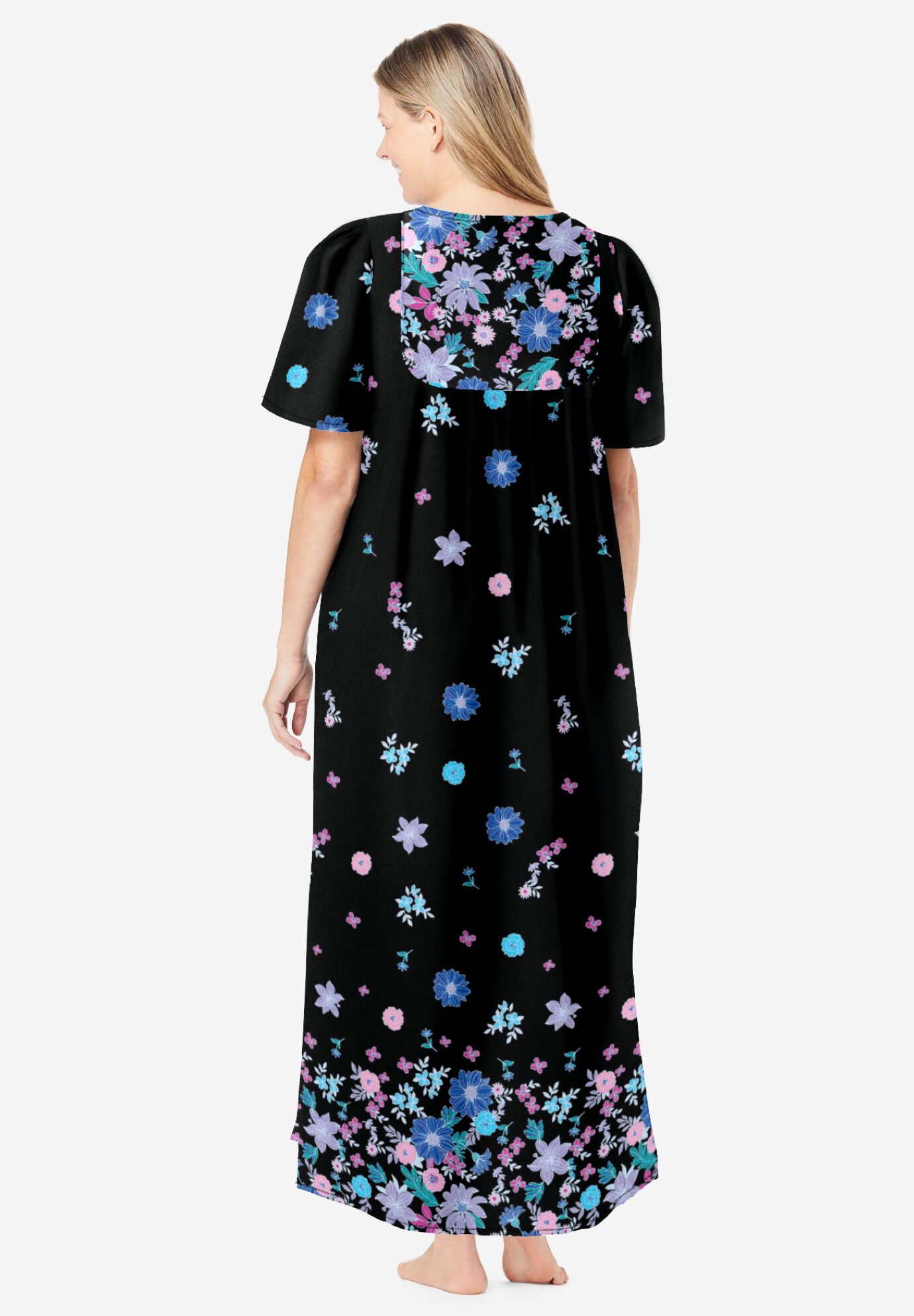 Bib-Front Short Sleeve Maxi Lounger, BLACK BLOSSOMS, on-hover image number 1