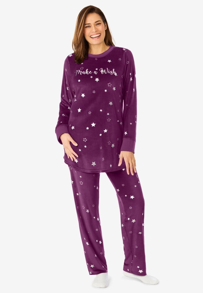 Dreams & Co. ® Velour Pajama with FREE Fuzzy Socks, DARK BERRY STAR, hi-res image number null