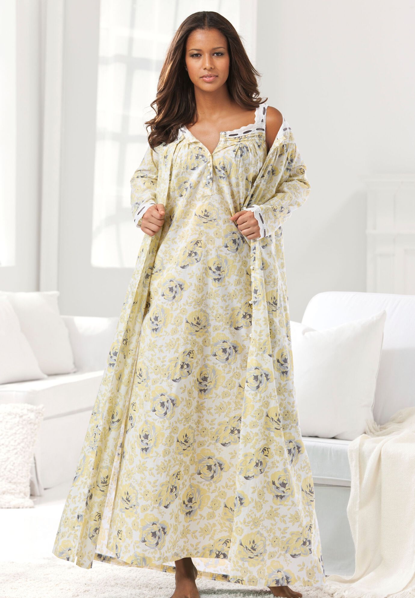 Long 2-Piece Cabbage-Rose Peignoir Set, , alternate image number 6