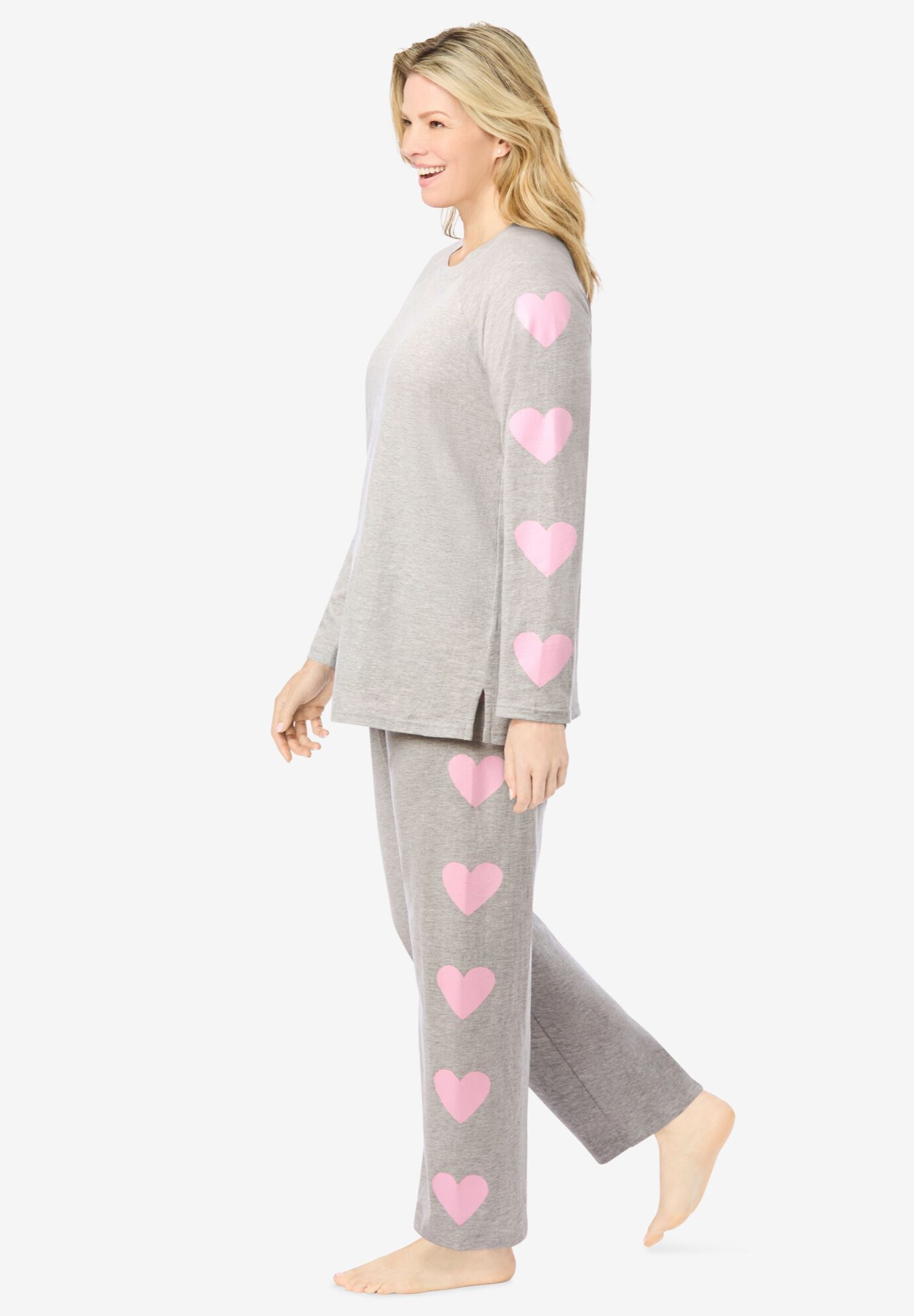 Side Print Pajama Set, HEATHER GREY HEART, alternate image number 2