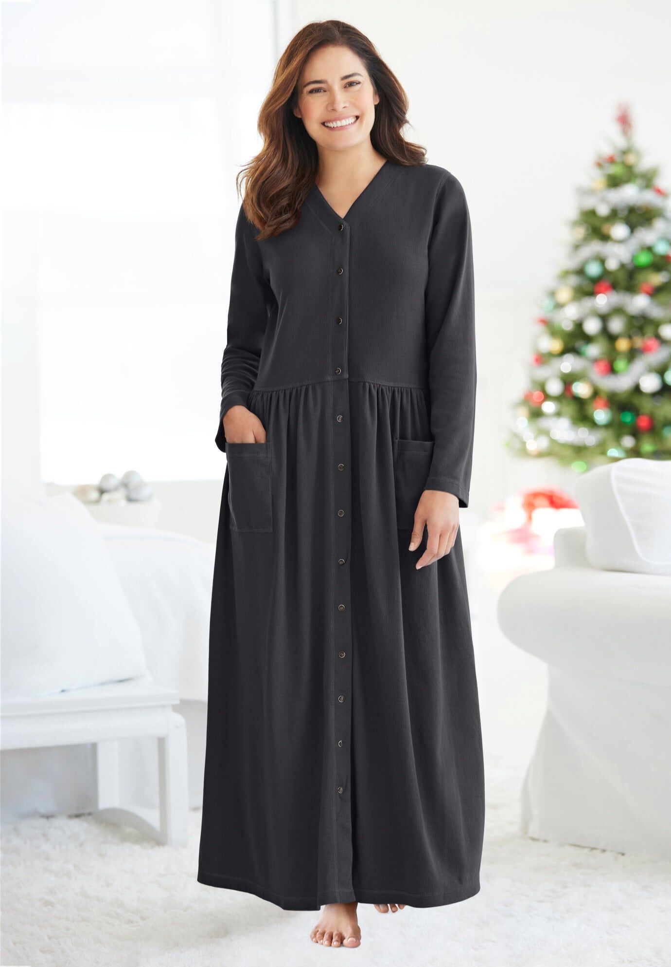 Long Snap-Front Knit Lounger, HEATHER CHARCOAL, hi-res image number 0