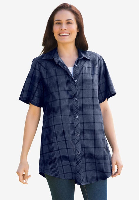 Short-Sleeve Denim Shirt, MEDIUM STONEWASH PLAID, hi-res image number null