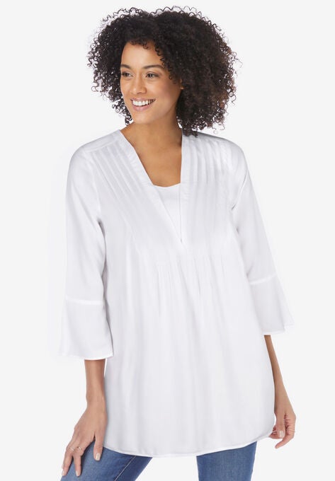Bell-Sleeve V-Neck Tunic, WHITE, hi-res image number null