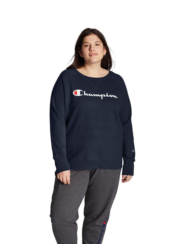 Champion Women's Plus Powerblend® Fleece Boyfriend Crew, Script Logo, ATHLETIC NAVY, hi-res image number null