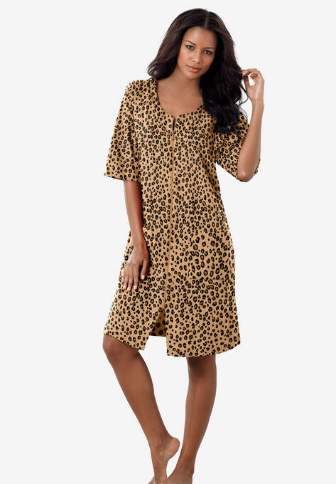Short French Terry Zip-Front Robe , CLASSIC LEOPARD, hi-res image number null