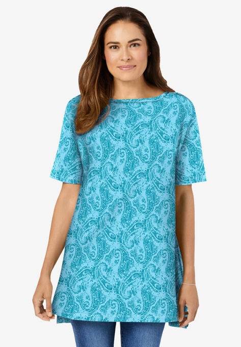 Perfect Printed Short-Sleeve Boat-Neck Tunic, AZURE PAISLEY, hi-res image number null