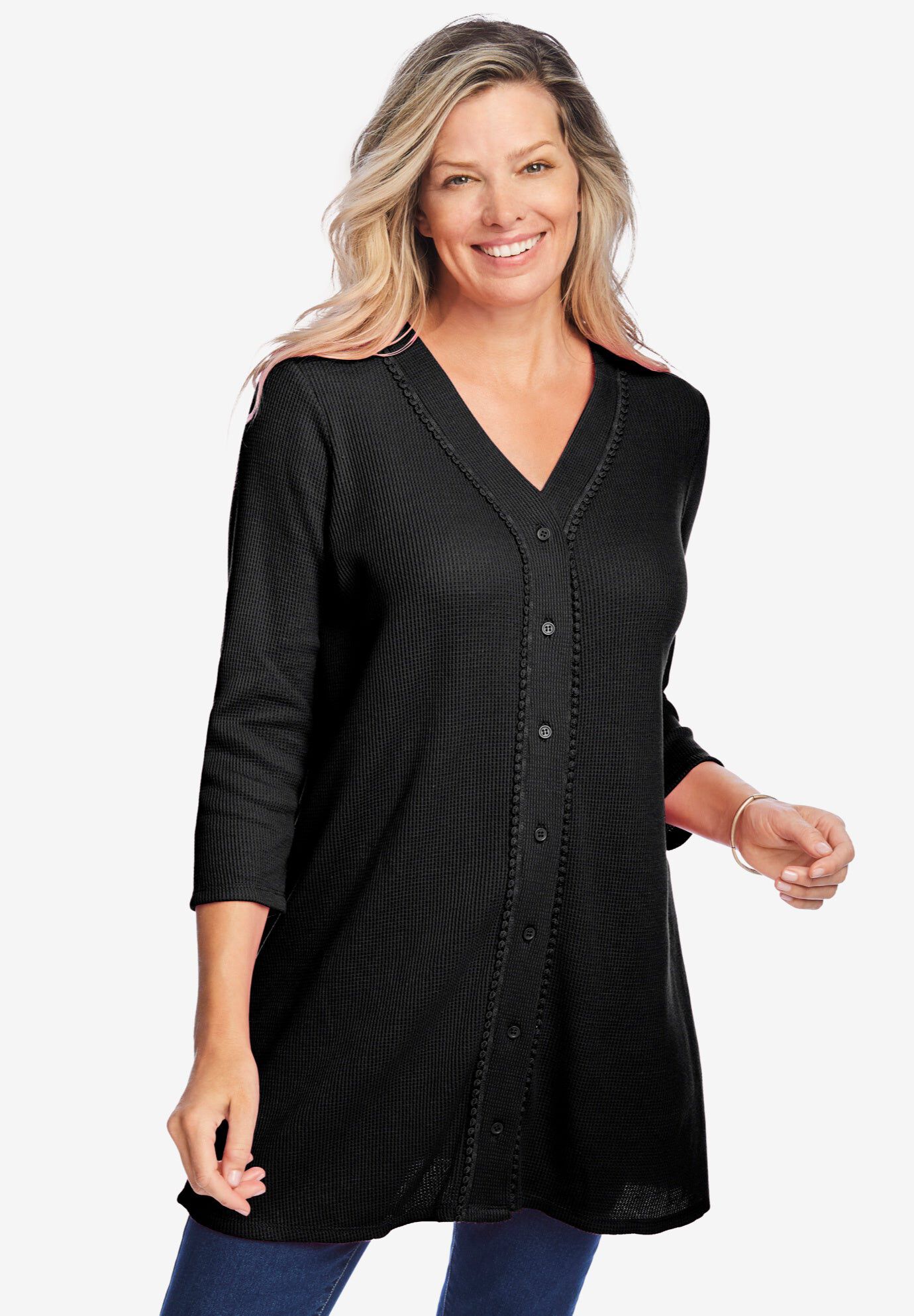 Thermal Button-Front Tunic, BLACK, hi-res image number 0