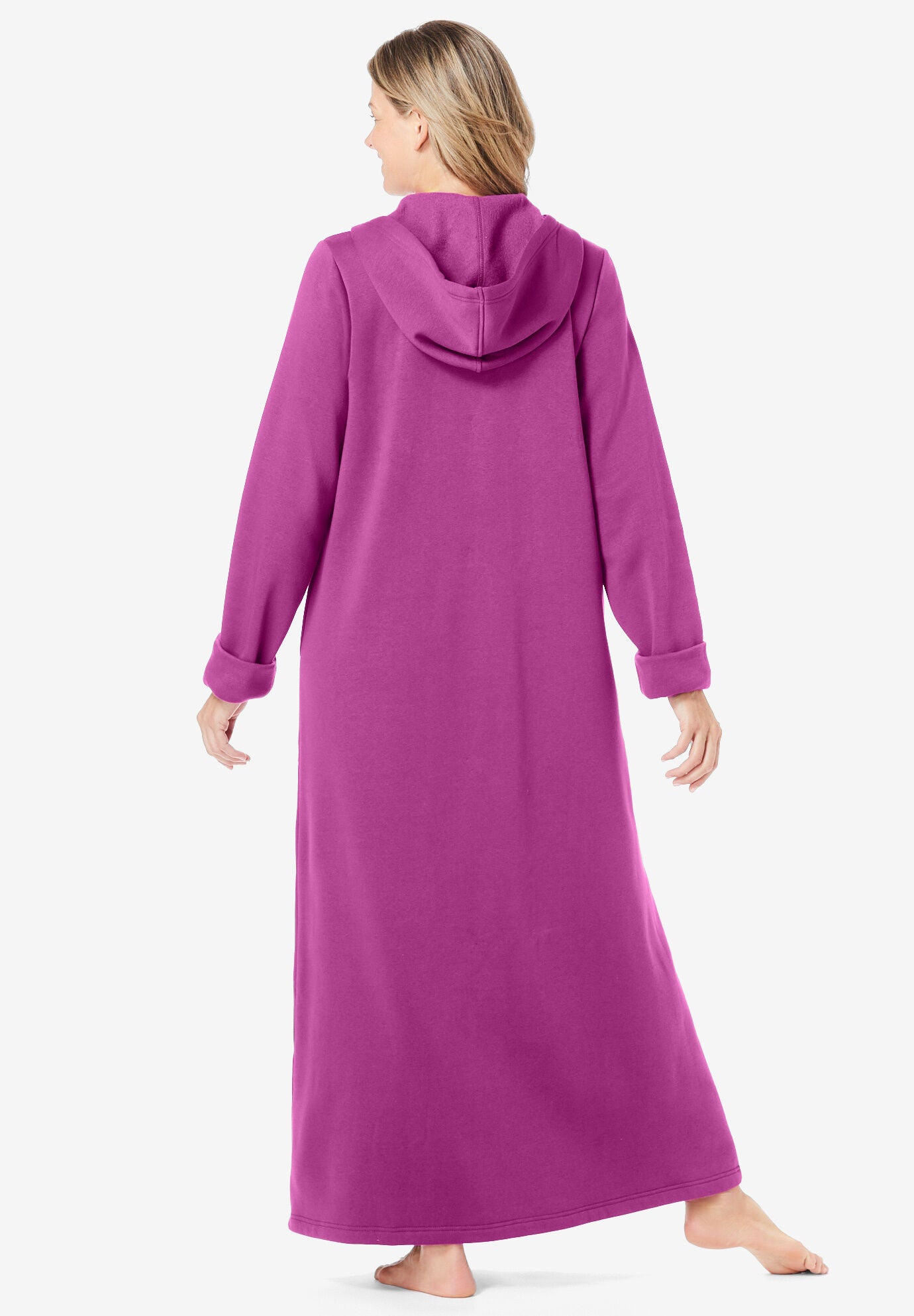 Long Hooded Fleece Sweatshirt Robe, RICH MAGENTA, on-hover image number 1