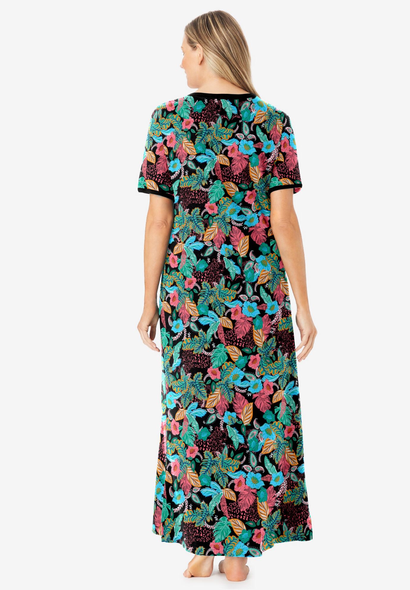 V-NECK SHORT SLEEVE MAXI LOUNGER, BLACK MULTI FLORAL, on-hover image number 1