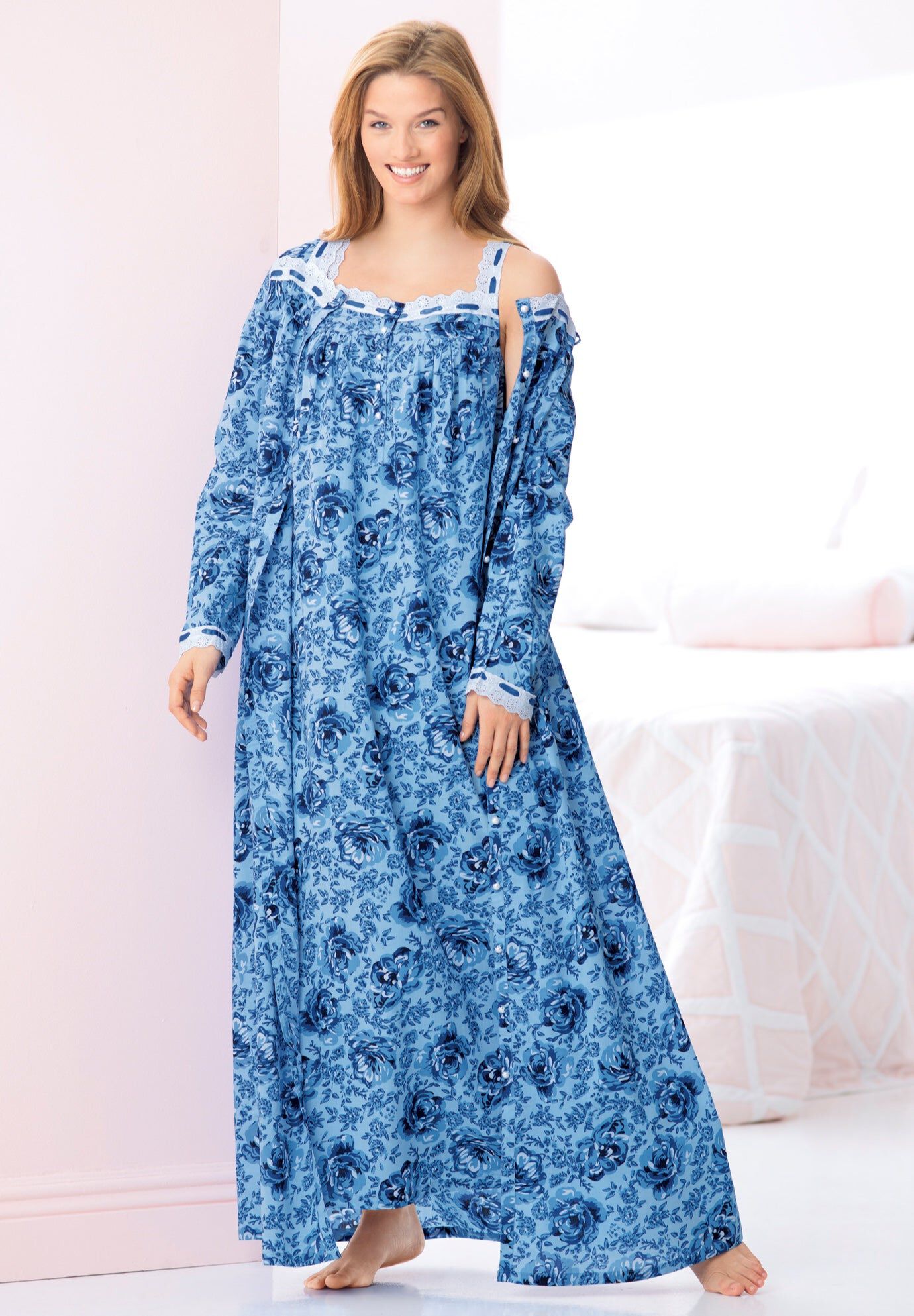 Long 2-Piece Cabbage-Rose Peignoir Set, BLUE FLORAL, hi-res image number 0