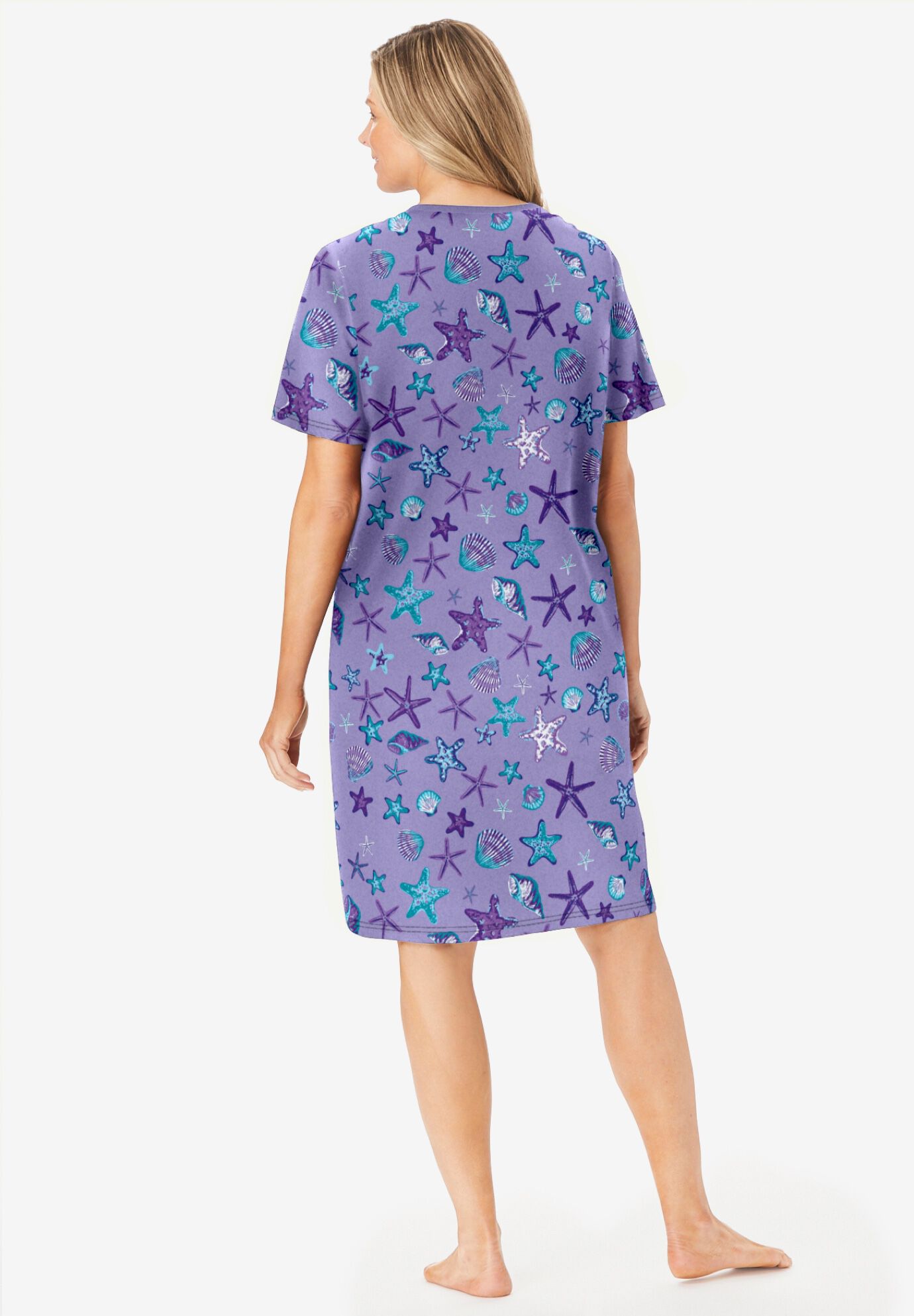 V-Neck Short Sleeve Knee-Length Cotton Sleepshirt, SOFT IRIS STARFISH, on-hover image number 1
