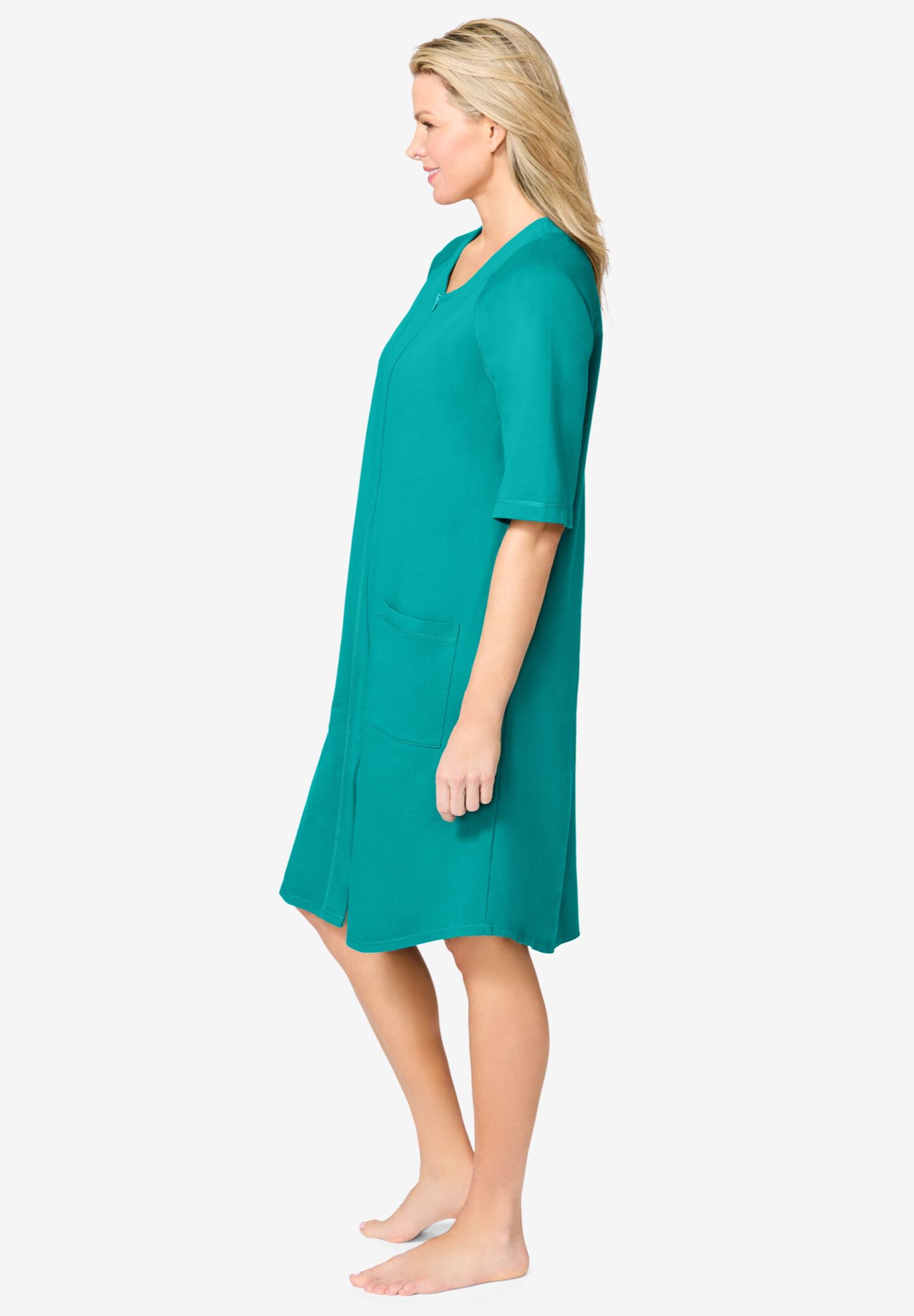Short French Terry Zip-Front Robe, AQUAMARINE, alternate image number 2
