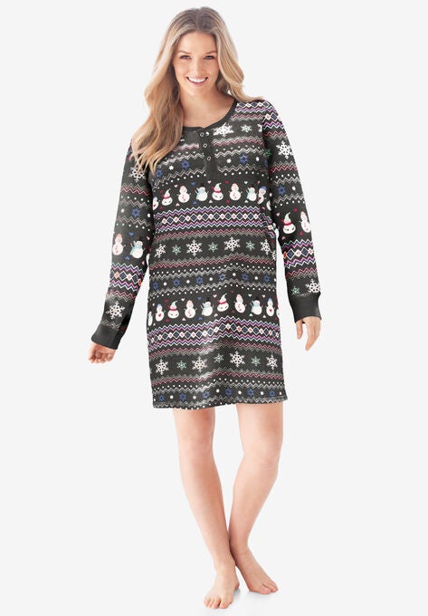 Thermal Henley Sleepshirt , HEATHER CHARCOAL GREY SNOWMAN, hi-res image number null