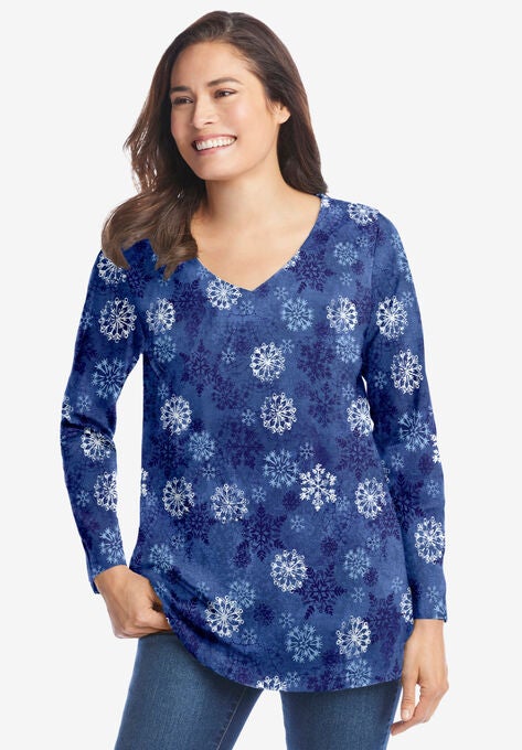 Perfect Printed Long-Sleeve V-Neck Tee, ROYAL NAVY TEXTURED SNOWFLAKE, hi-res image number null
