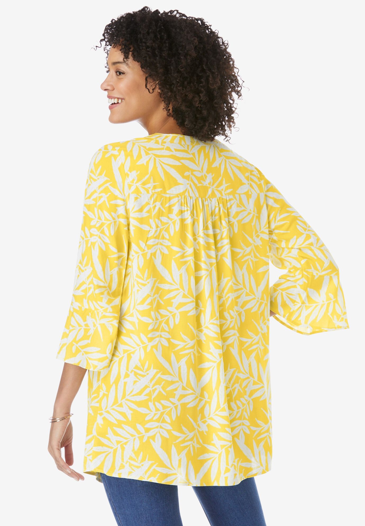 Bell-Sleeve V-Neck Tunic, PRIMROSE YELLOW LEAF, on-hover image number 1